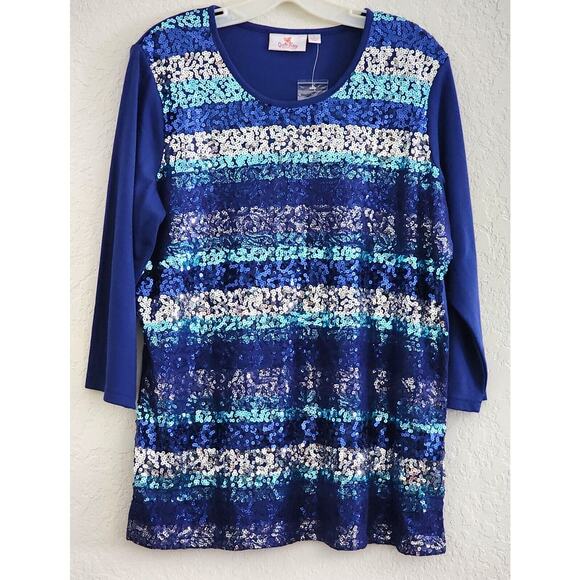 Top/Blouse-Quacker Factory-Blue Toned Sequin Front-Fabric Back-Scoop Neck-Size L - Picture 1 of 15